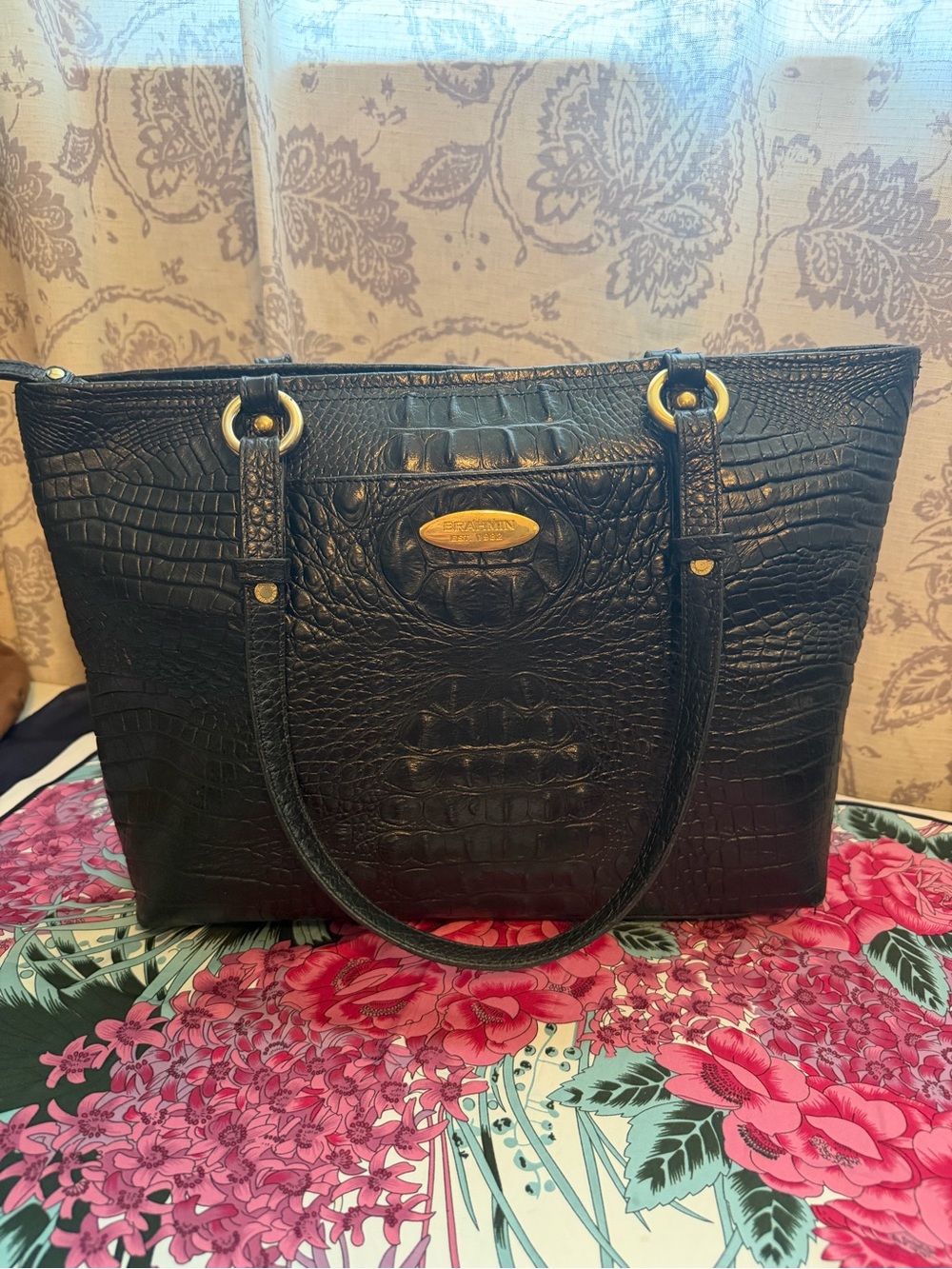 Brahmin Medium Alden Tote in Black Croc-Embossed Melbourne Leather